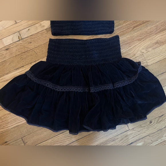 Navy velvet set, ruffle mini skirt and spaghetti strap top, XS - Picture 2 of 4